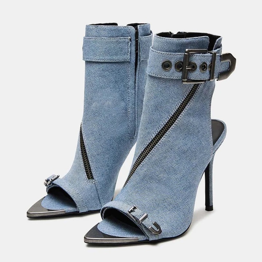 Steve Madden Denim Pointed Stiletto Zipper Peep Toe Ankle Buckle Boots Size 11 - Picture 12 of 14